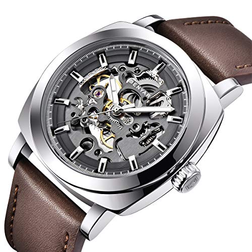 Benyar Males's Automated Watch | Skeleton Mechanical Design with Leather-based Strap | 45mm Dial | 30M Water-Resistant | Trendy Present for Males