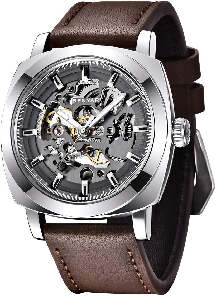 Benyar Males’s Automated Watch | Skeleton Mechanical Design with Leather-based Strap | 45mm Dial | 30M Water-Resistant | Trendy Present for Males