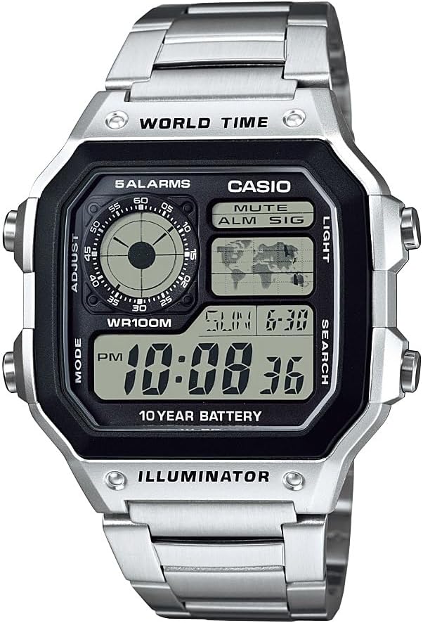 Casio AE1200WH Sequence | Males’s Digital Watch | 100M Water Resistant | A number of Alarms | 100-Second Stopwatch | Countdown Timer | World Time with World Map | LED Backlight | LC…