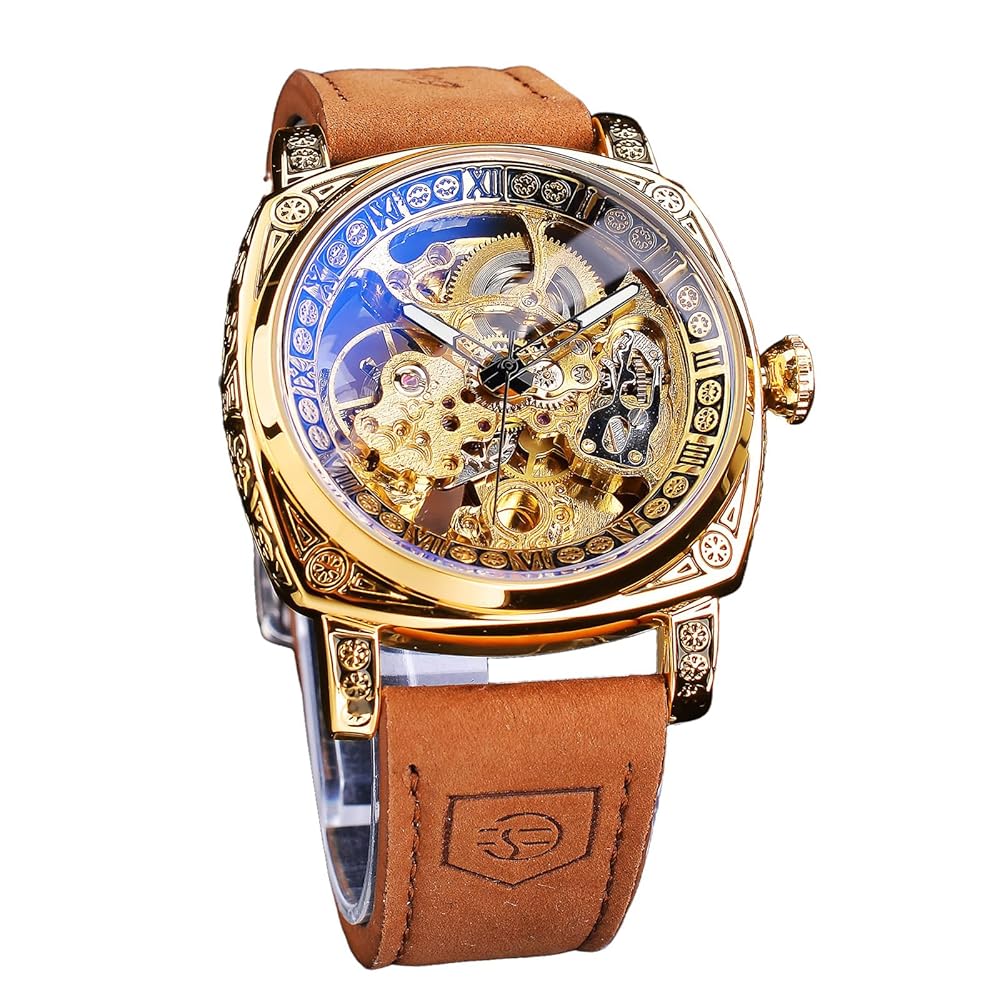 FORSINING Males’s Sq. Retro Mechanical Watch – Self-Winding Carved Skeleton Computerized Timepiece with Classic Leather-based Strap