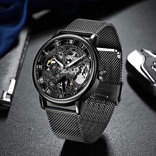 Males's Luminous Waterproof Skeleton Mechanical Watch with Roman Numerals and Hand-Winding Mesh Strap