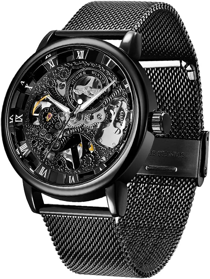 Males’s Luminous Waterproof Skeleton Mechanical Watch with Roman Numerals and Hand-Winding Mesh Strap