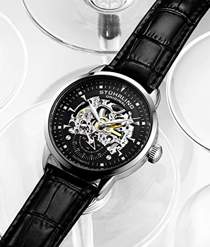 Stuhrling Authentic Males's Computerized Skeleton Watch - Mechanical Timepiece with Black Leather-based Strap and Silver Govt Design