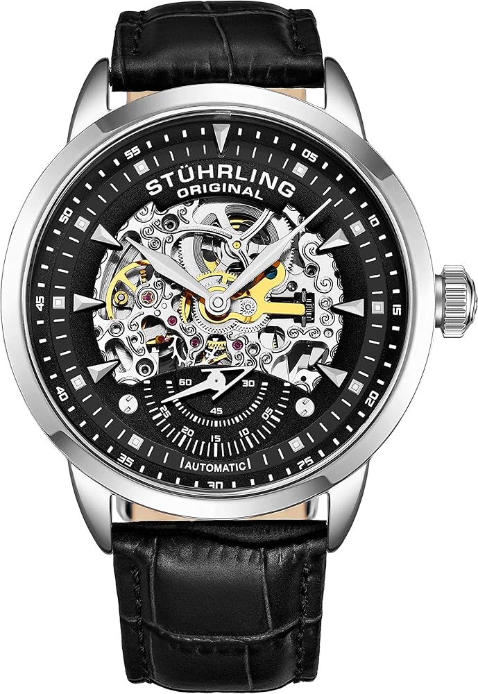 Stuhrling Authentic Males’s Computerized Skeleton Watch – Mechanical Timepiece with Black Leather-based Strap and Silver Govt Design