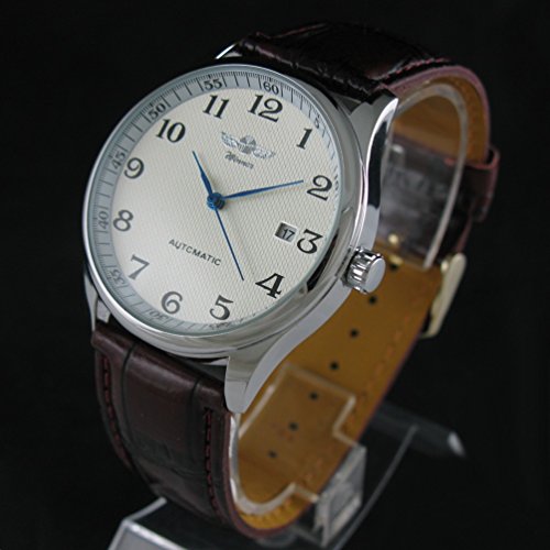 VIGOROSO Males's Computerized Mechanical Watch with Day Calendar, Leather-based Strap, and Arabic Numerals